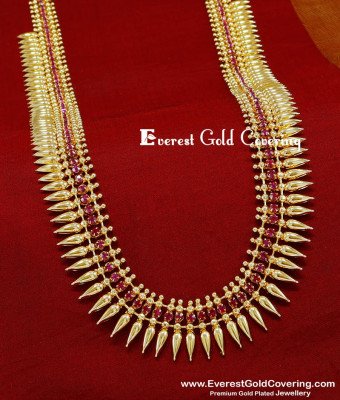 HRM1086 - Gold Pattern Kerala Ruby Stone Long Mullai Mottu Haram