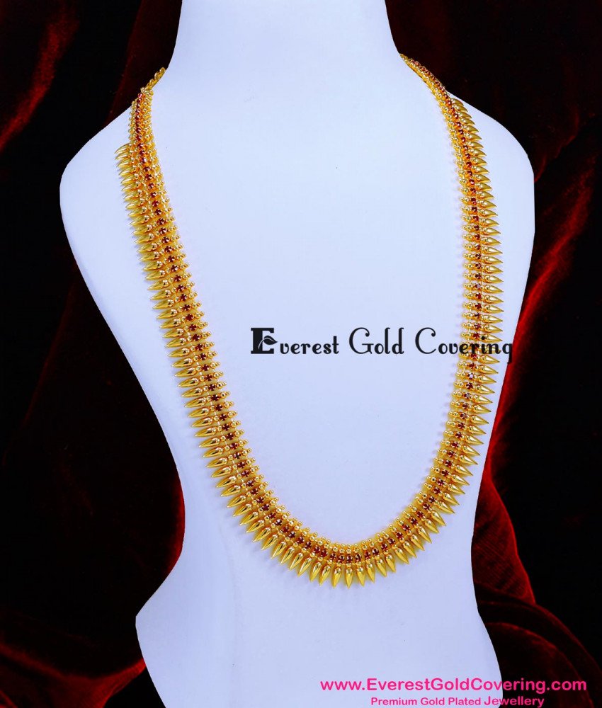 HRM1086 - Gold Pattern Kerala Ruby Stone Long Mullai Mottu Haram