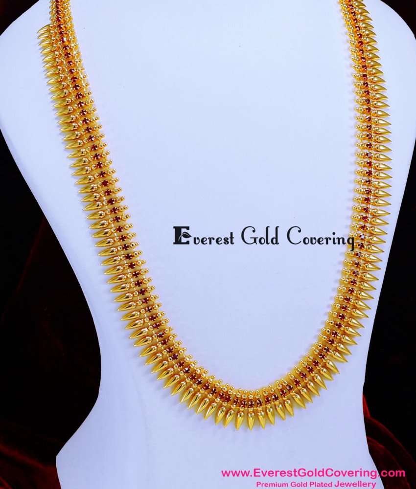 HRM1086 - Gold Pattern Kerala Ruby Stone Long Mullai Mottu Haram