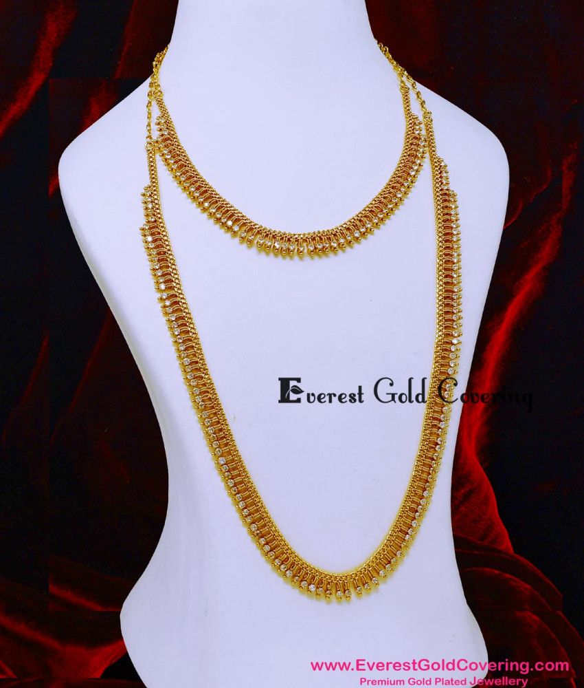 HRM1154 - Kerala Jewelry Gold Model White Stone U Shape Haram Set