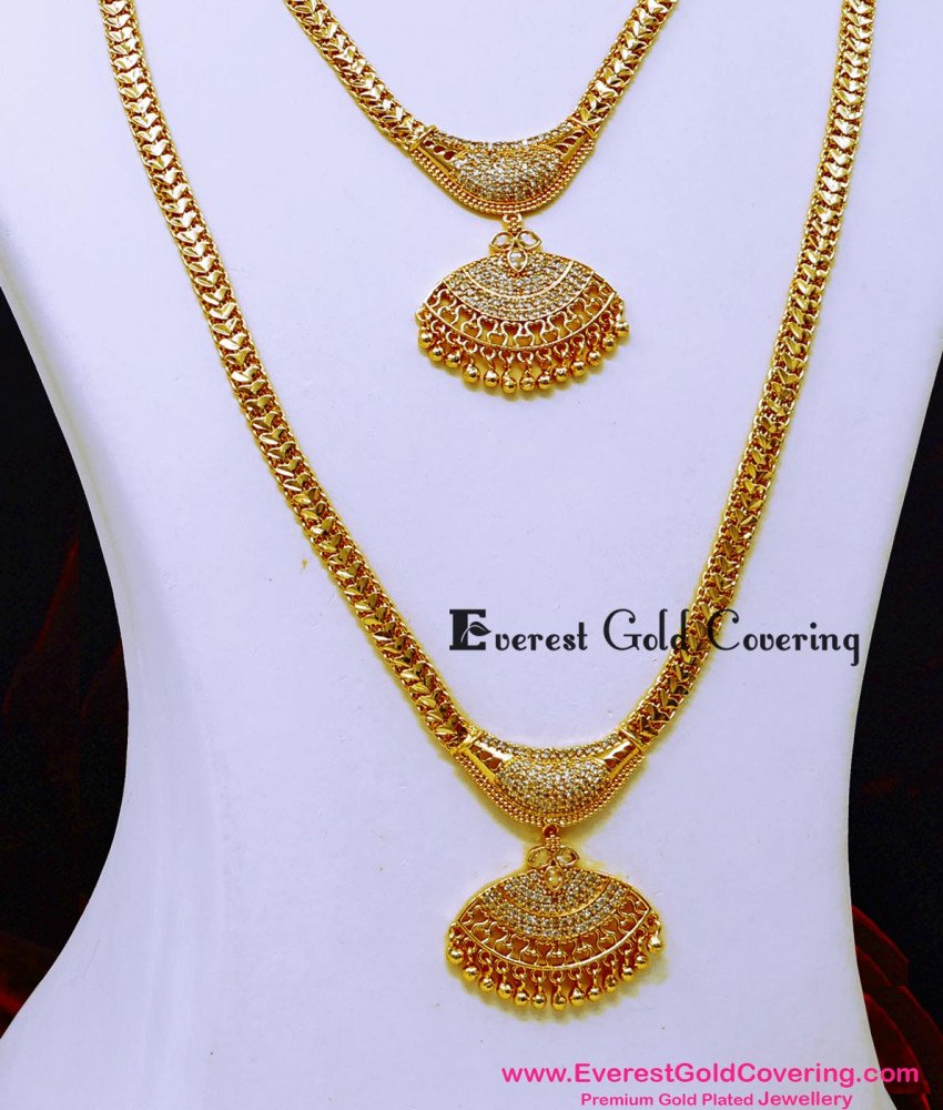 HRM1164 - Latest White Stone Gold Plated Long Haram Necklace Set
