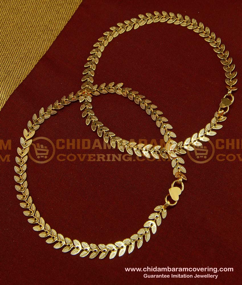 ANK051 - 11 Inch Trendy Light Weight Double Leaf Design Gold Anklet Kolusu Design for Girls