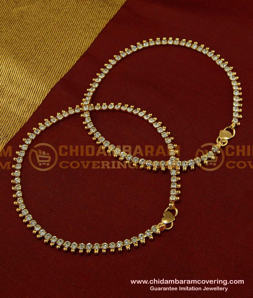 ANK055 - 11.5 Inch Modern White Stone Fancy Anklet Design Gold Plated Dulhan Payal Online 
