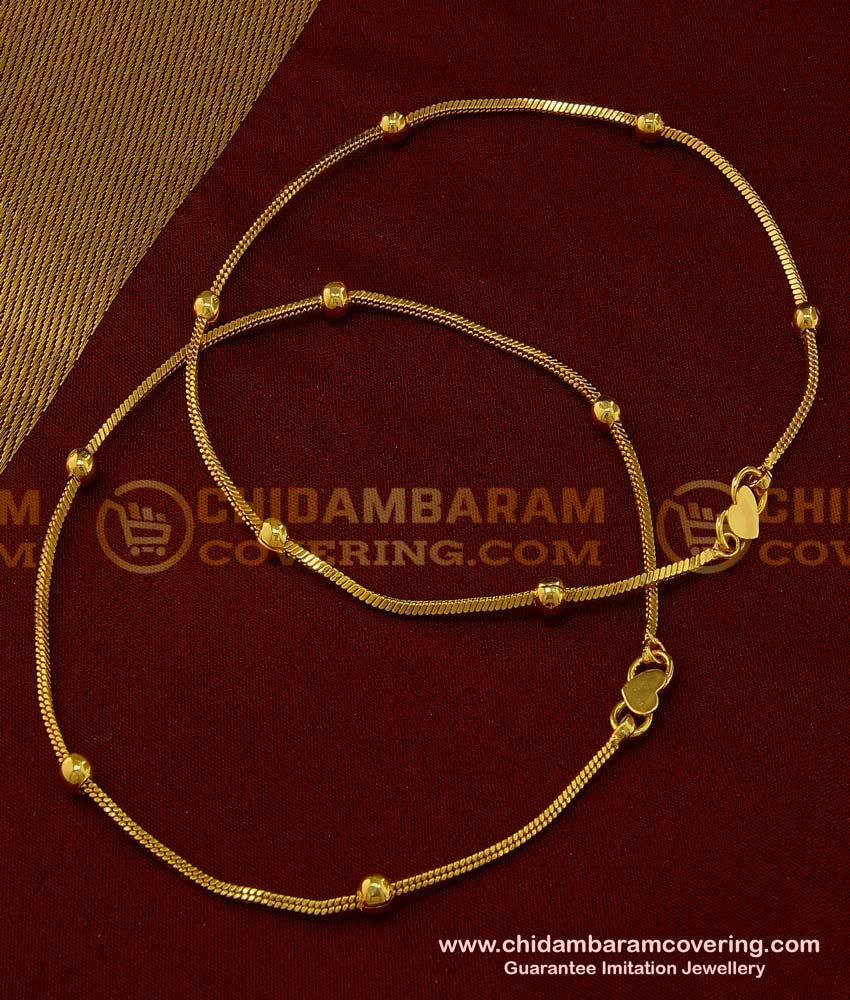 ANK060 - 12 Inch Trendy Real Gold Leg Padasaram Light Weight Chain Golden Beads Anklet Design Online
