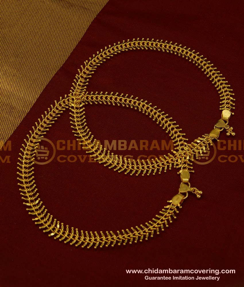 ANK063 - 8.5 Inch Gold Plated Leaf Design Broad Chain Type Anklet Kolusu Indian Jewellery