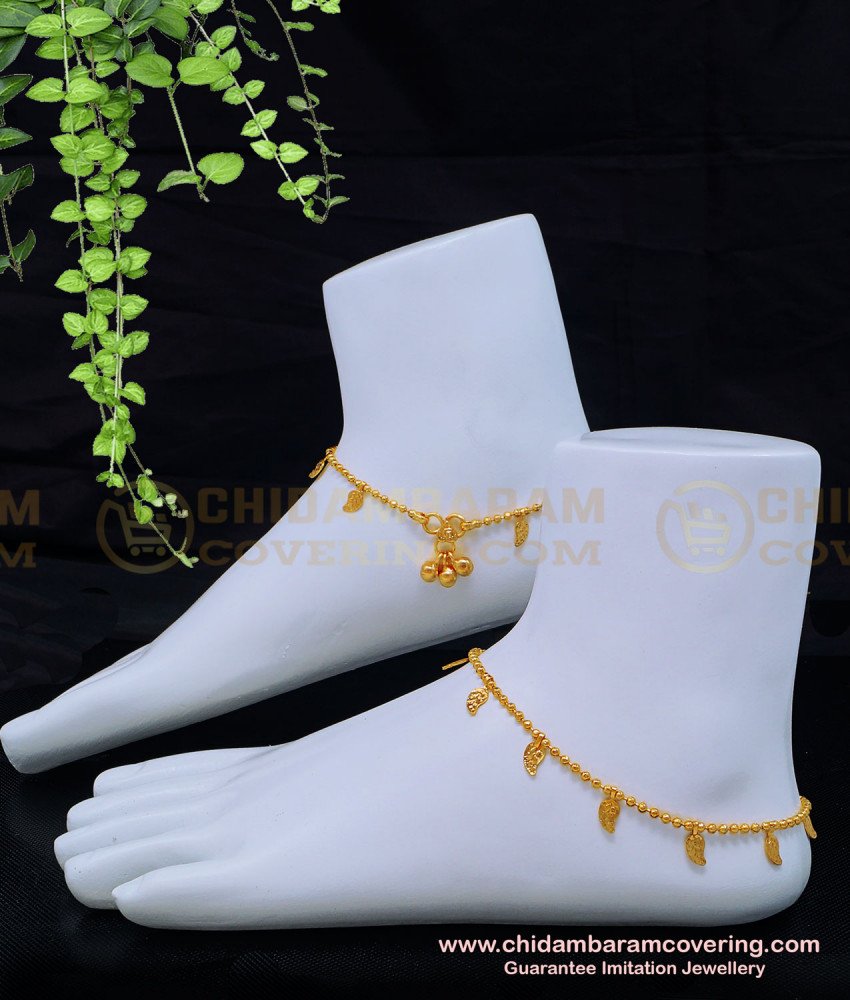 ANK095 - 10.5 Inch Unique Gold Beads with Leaf Design Gold Plated Anklet for Women