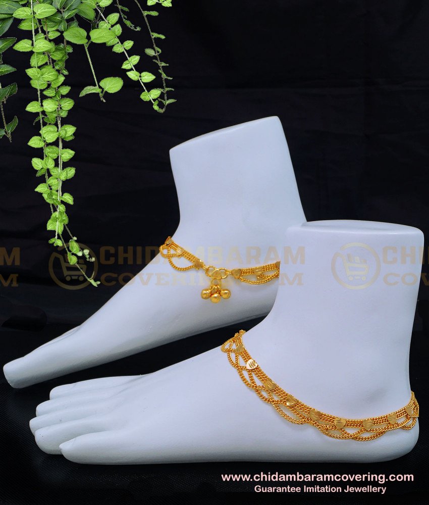 ANK096 - 10.5 Inch Bridal Wear Grand Look Double Chain with Heart Model Gold Covering Anklet Online