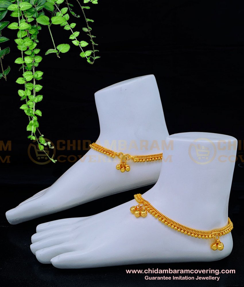 ANK105 - 11.5 Inches Traditional Muthu Kolusu Design One Gram Gold South Indian Anklet for Women  