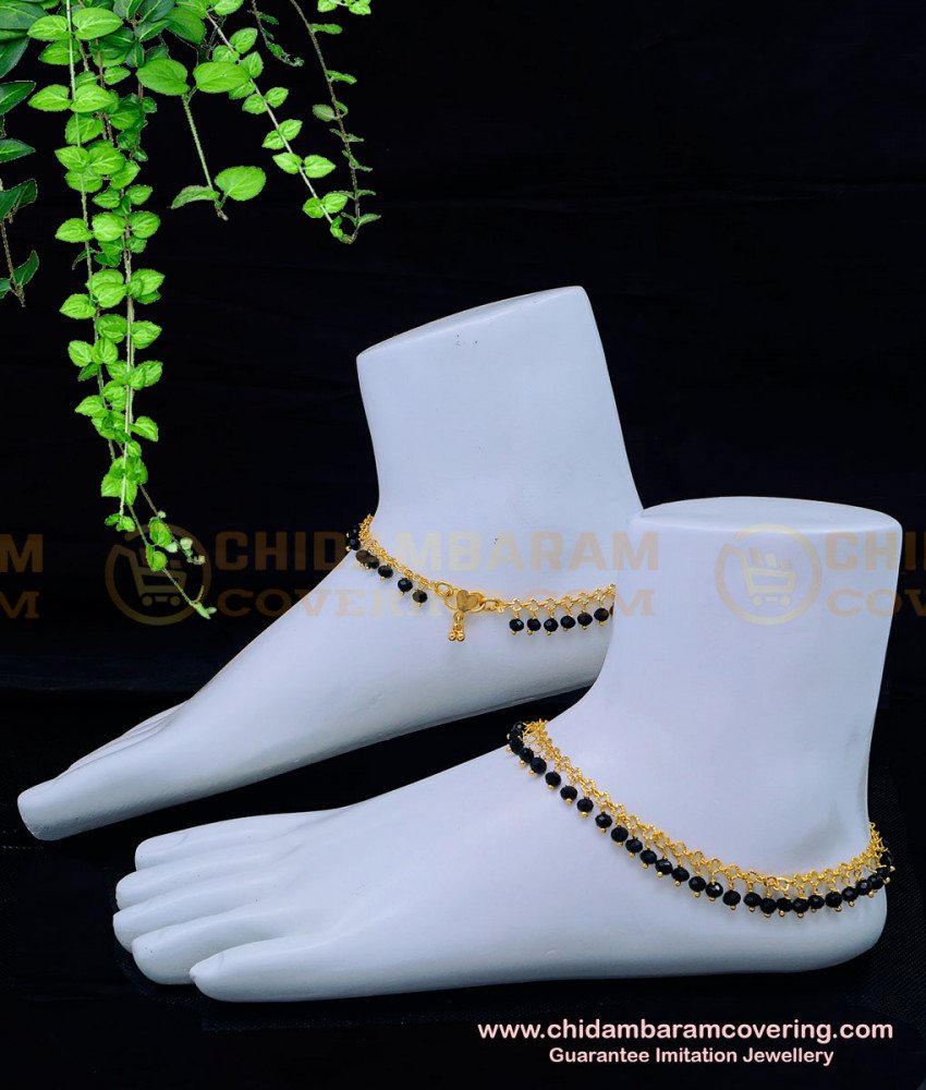 ANK106 - 9.5 Inches Trendy Black Crystal Anklet Designs Gold Plated Black Beads Payal Design Online