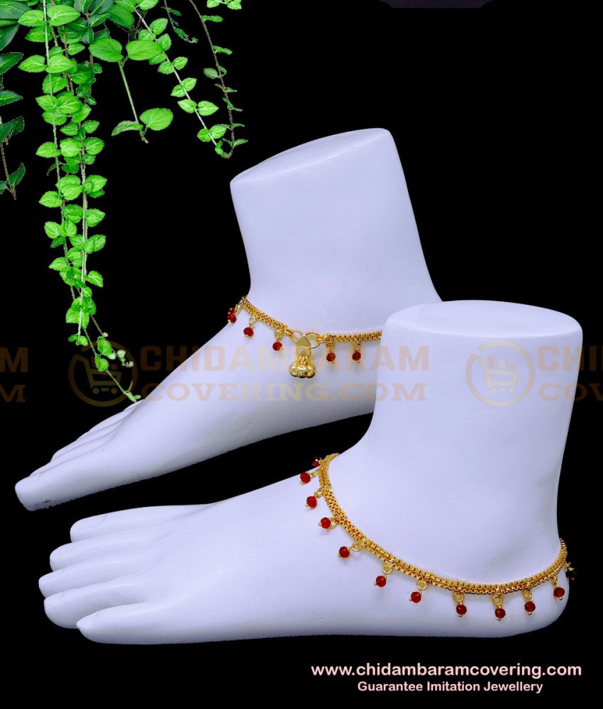 ANK110 - 11.5 Inch Latest Anklet Designs Red Crystal Payal Design for Girl