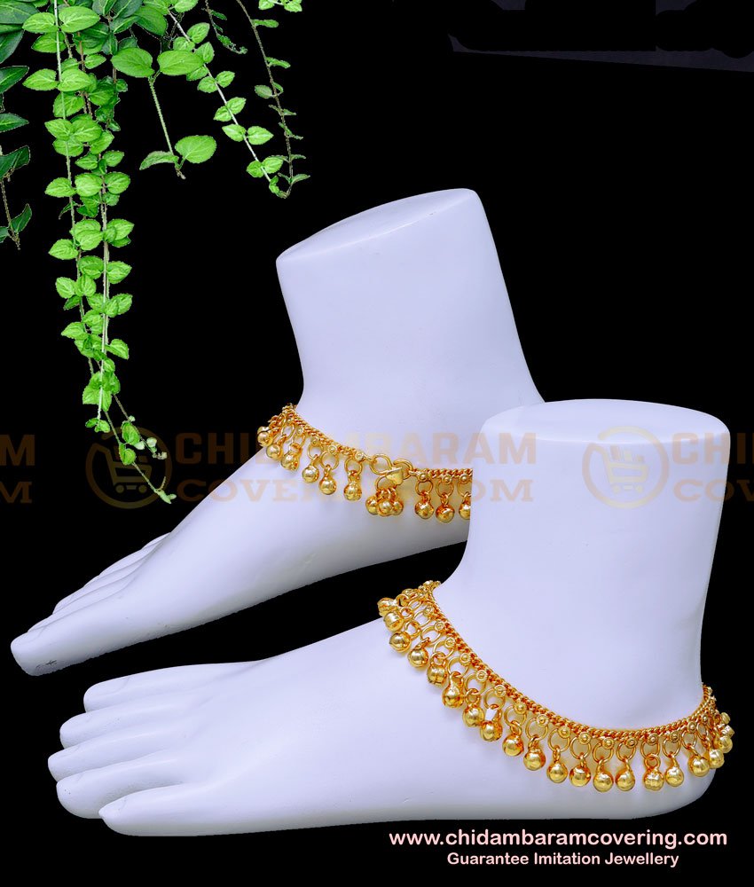 ANK118 - 11.5 Inch Bridal Gold Kolusu Design Gold Plated Indian Bridal Anklets