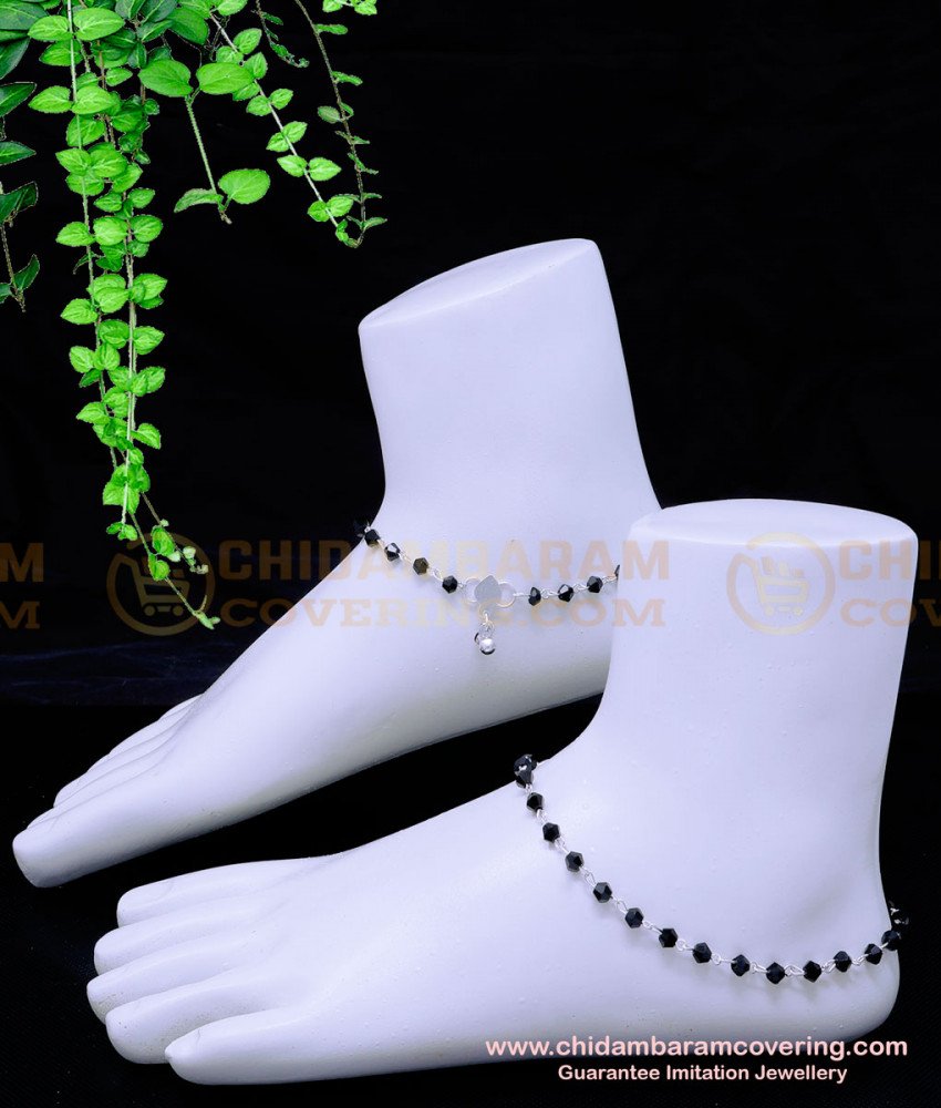 ANK124 - 10.5 Inch Cute Simple Fancy Black Crystal Anklets Silver Design