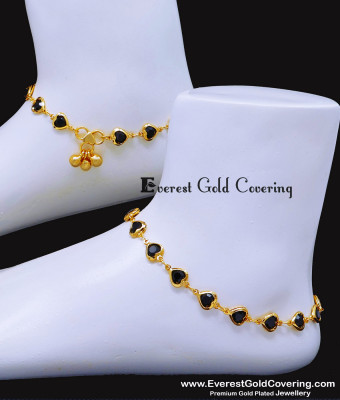 ANK147 - 10 Inch Trendy Black Stone Heart Design Anklet for Girls