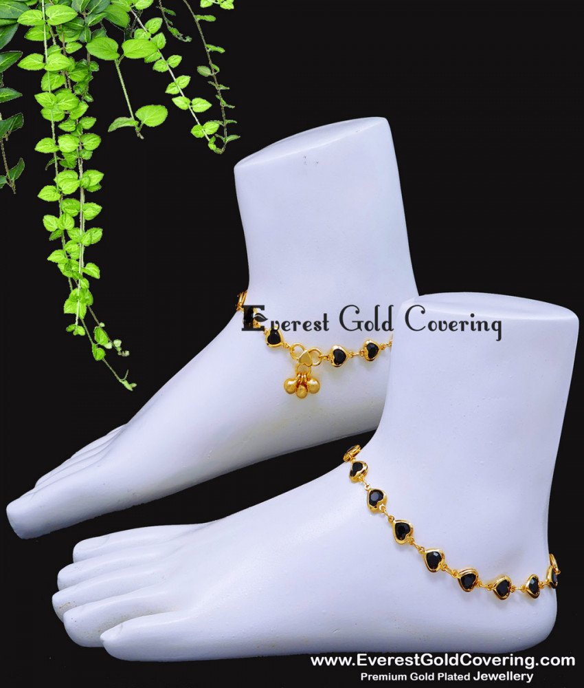 ANK147 - 10 Inch Trendy Black Stone Heart Design Anklet for Girls