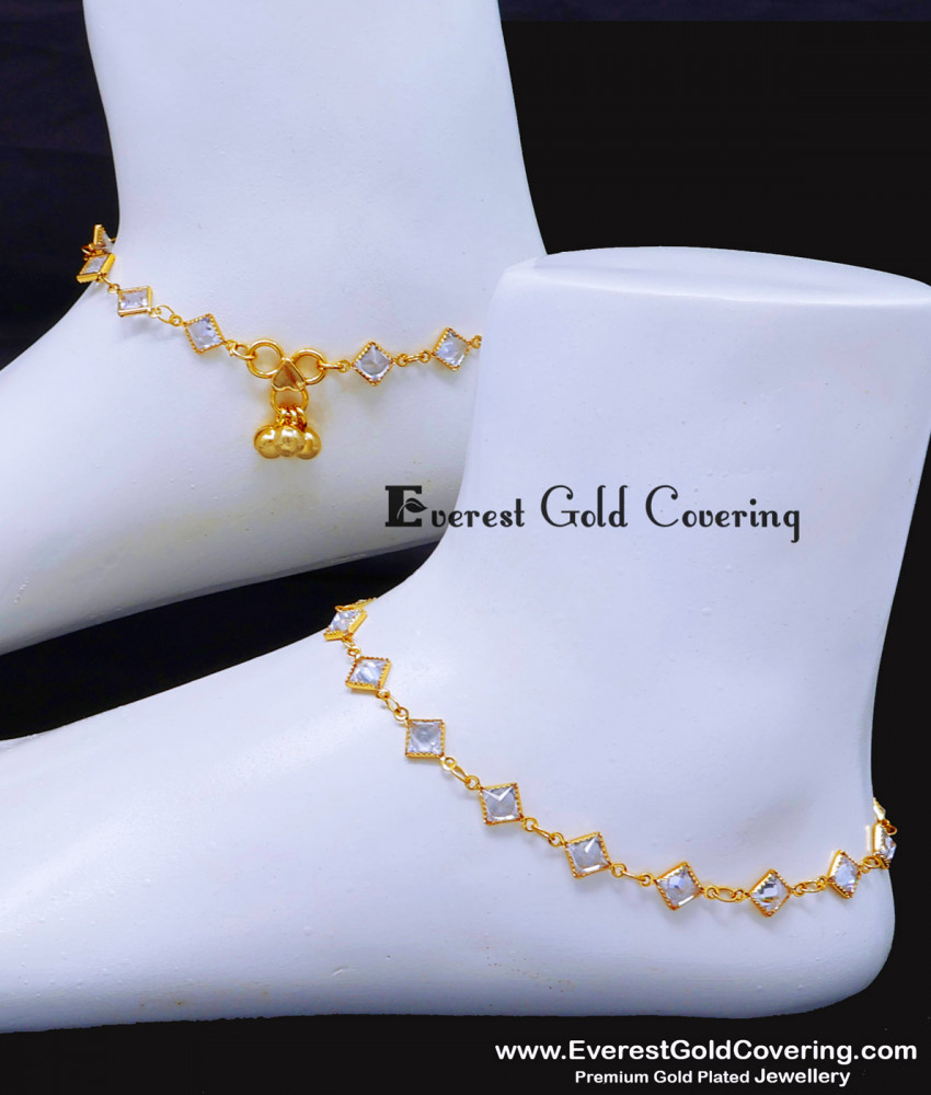 ANK150 - 10 Inch Gold Plated White Stone Anklet Simple Unique Payal Design