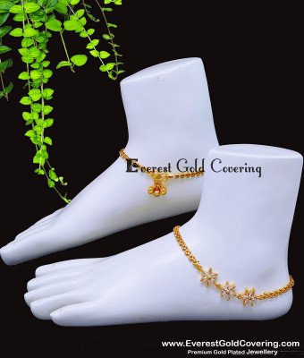 ANK151 - 10 Inch Gold Plated Modern White Stone Flower Design Anklet 