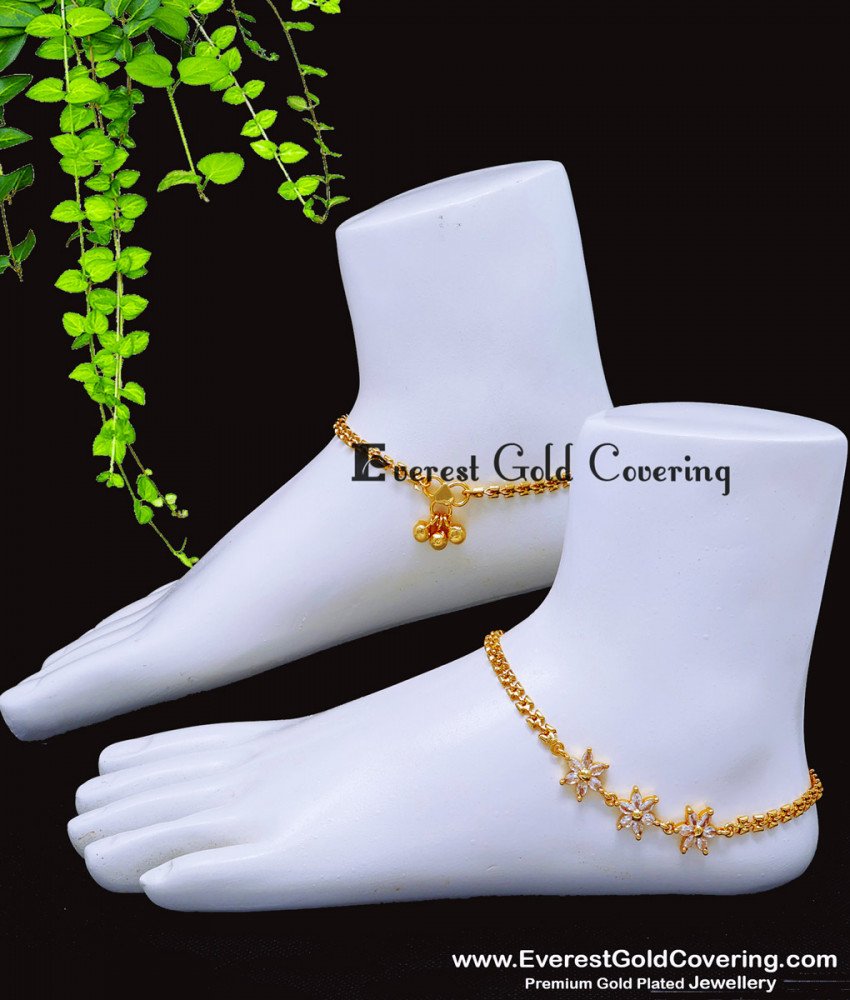 ANK151 - 10 Inch Gold Plated Modern White Stone Flower Design Anklet 