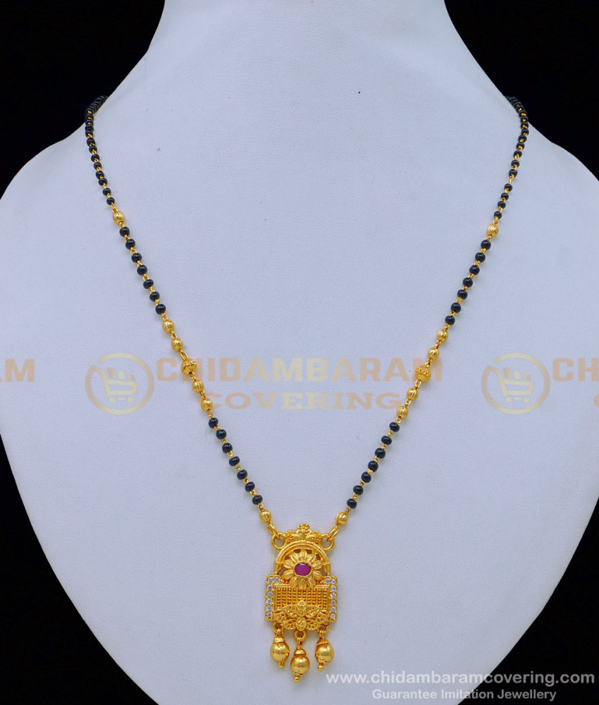 BBM1018 - One Gram Gold Daily Wear Modern White and Ruby Pendant Black Beads Chain Online