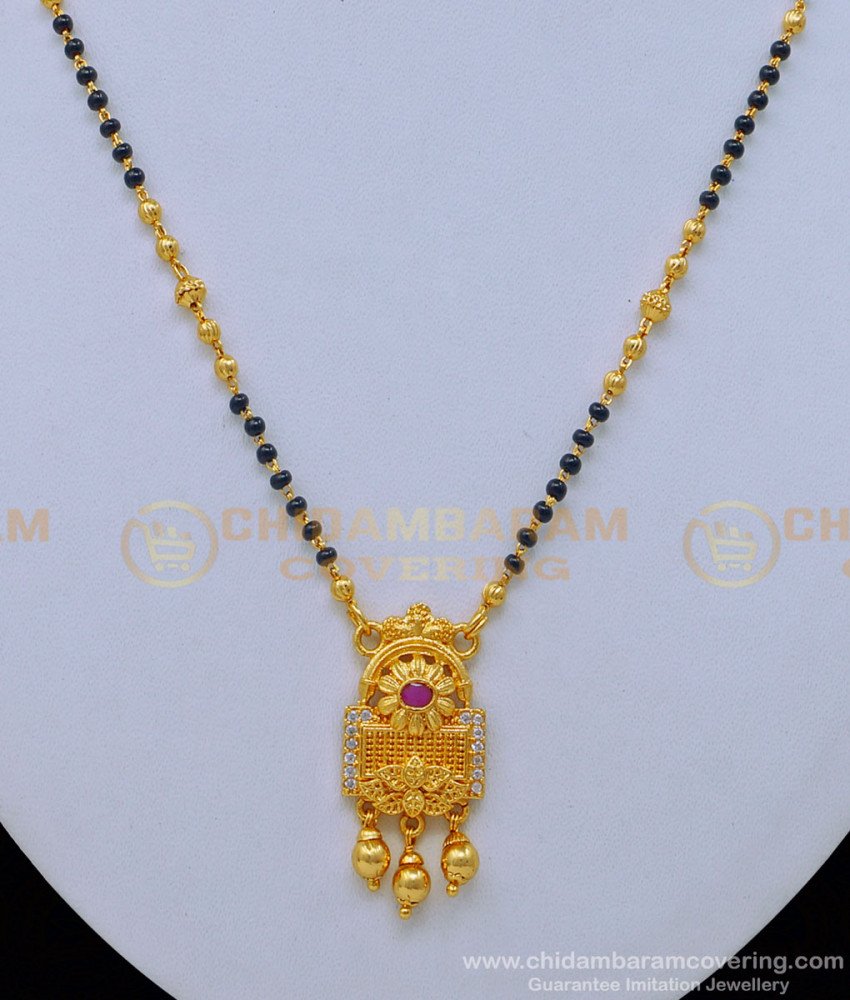 BBM1018 - One Gram Gold Daily Wear Modern White and Ruby Pendant Black Beads Chain Online