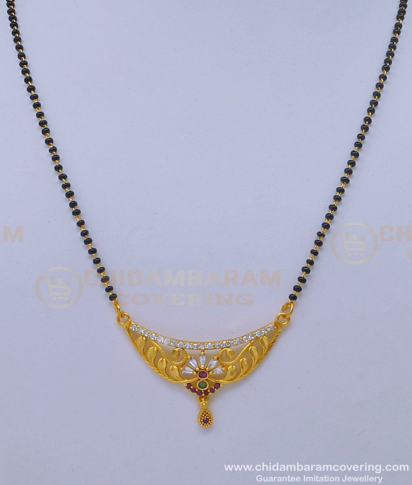 BBM1032 - American Diamond Stone Pendant with Black Beads Gold Mangalsutra Design  