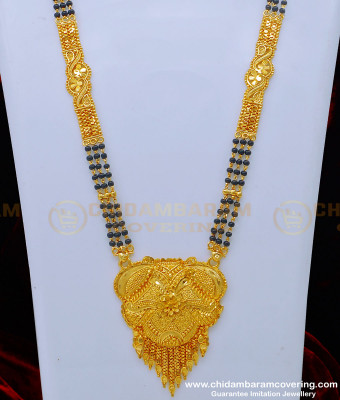 BBM1038 - 30 Inches Real Gold Design Daily Wear Plain Flower Pendant 3 Line Long Mangalsutra Designs 