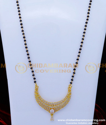 BBM1043 - White Stone Pendant with Black Beads Long Mangalsutra Design