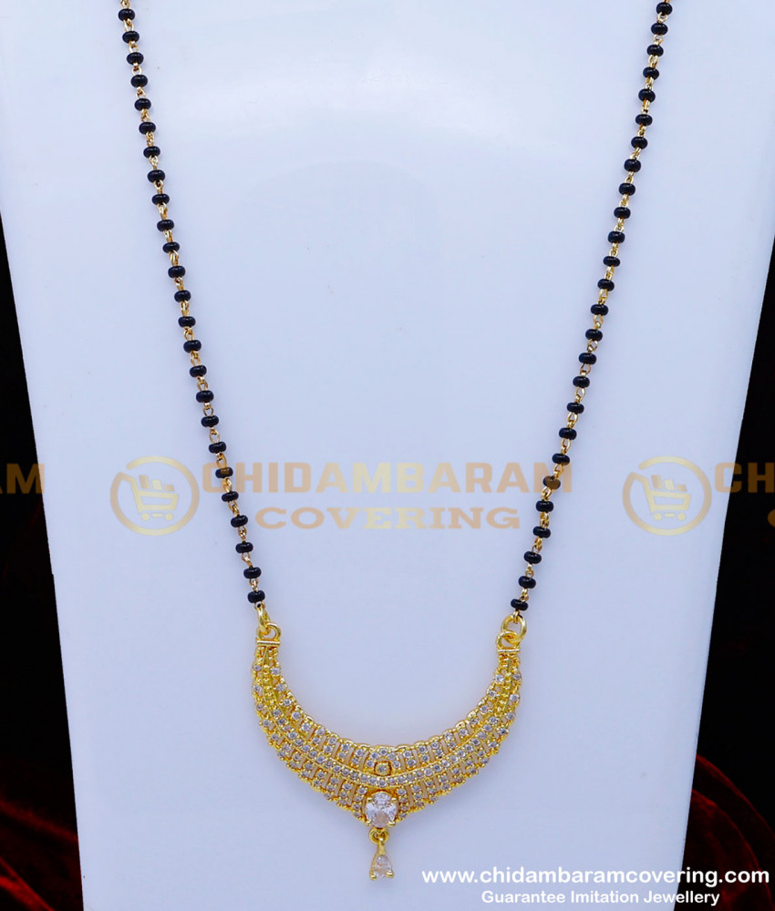 BBM1043 - White Stone Pendant with Black Beads Long Mangalsutra Design