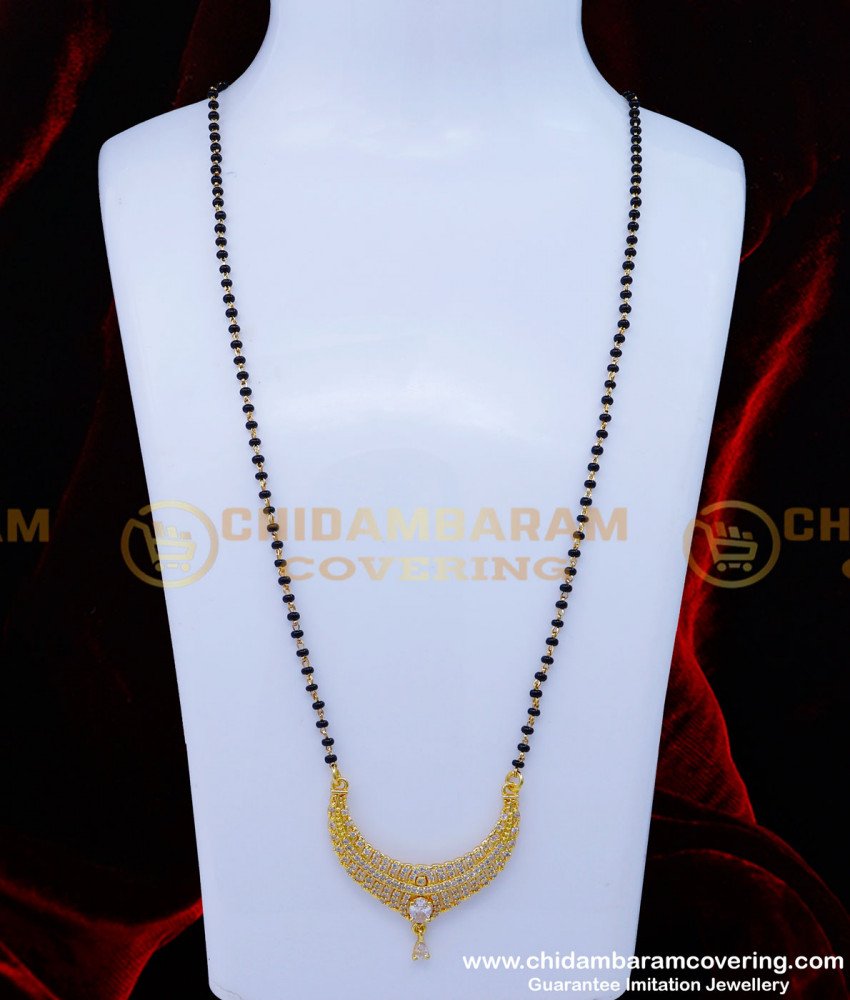 BBM1043 - White Stone Pendant with Black Beads Long Mangalsutra Design