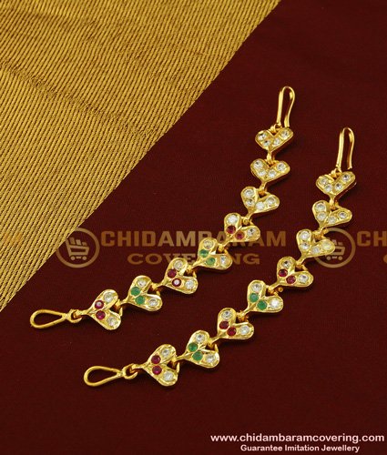 MAT100 - Attractive Leaf Design Impon Ear Chain Multi Stone Maatal Bridal Wear Gold Matilu Designs