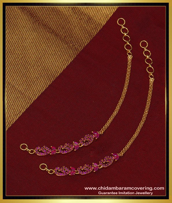 MAT110 - Latest American Diamond Ruby Stone Designer Ear Chain Buy Online 