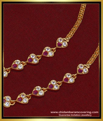 MAT114 - Latest Impon Bridal Wear White and Ruby Stone Suthu Maatil Side Ear Chain for Women  