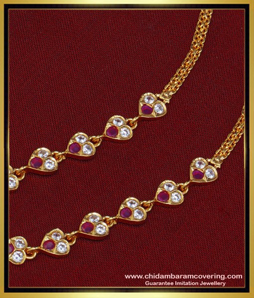 MAT114 - Latest Impon Bridal Wear White and Ruby Stone Suthu Maatil Side Ear Chain for Women  