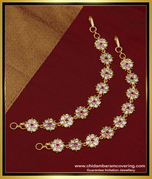MAT116 - Beautiful Bridal Wear Impon Stone Flower Design Geti Mattal Side Ear Chain Online 
