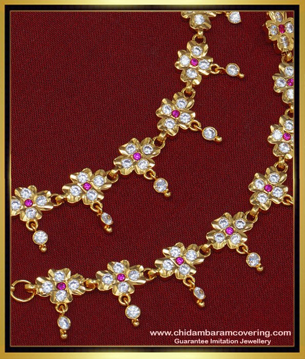 MAT118 - Traditional Impon Gold Design White and Ruby Stone Best Quality Ear Chain for Women 