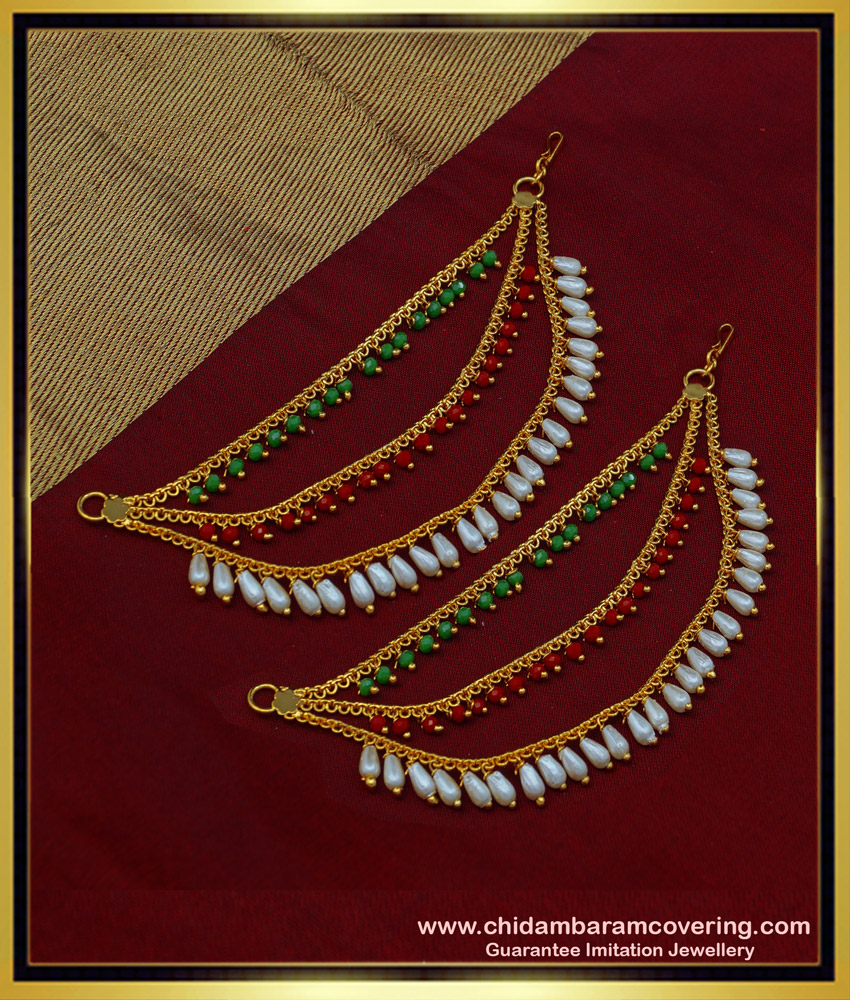 MAT128 - Trendy Muthu Multi Color Maatal Champaswaralu 3 Line Pearl Beads Ear Side Chain Online
