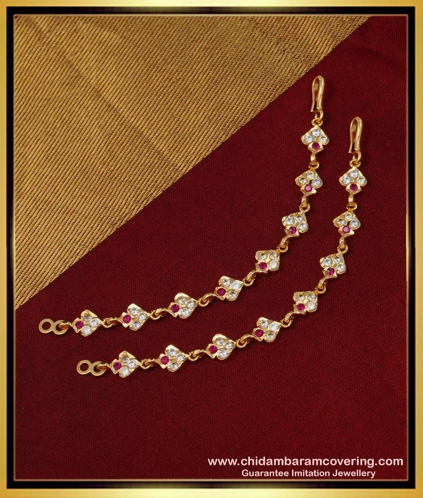 MAT134 - Impon Bridal Wear Red and White Stone Mattal Design Side Ear Chain Design