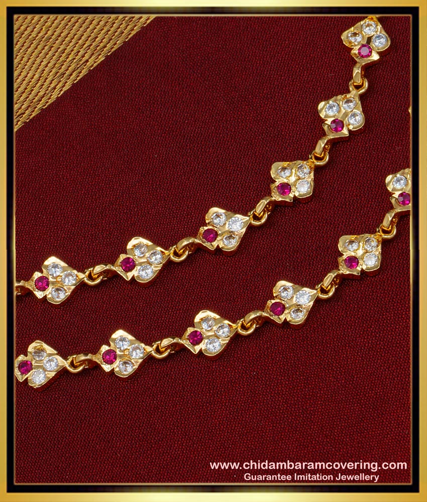 MAT134 - Impon Bridal Wear Red and White Stone Mattal Design Side Ear Chain Design