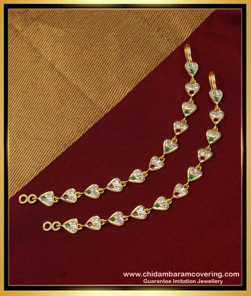 MAT136 - Impon Bridal Wear Ruby Emerald with White Stone Heart Design Ear Chain Design 
