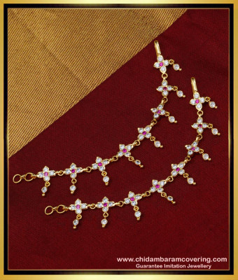 MAT139 - Attractive Flower Design White and Ruby Stone Impon Ear Chain Maatal Buy Online