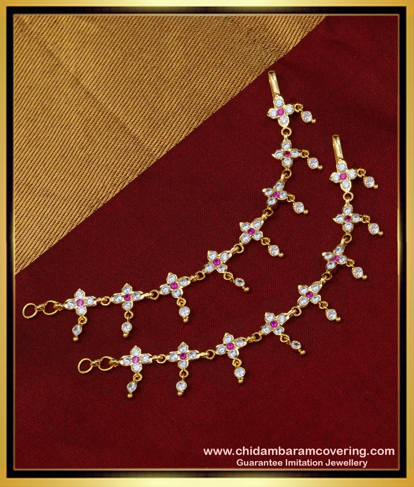 MAT139 - Attractive Flower Design White and Ruby Stone Impon Ear Chain Maatal Buy Online