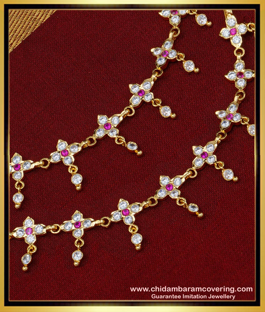 MAT139 - Attractive Flower Design White and Ruby Stone Impon Ear Chain Maatal Buy Online