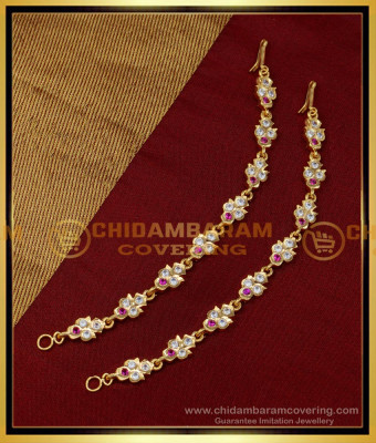 MAT165 - South Indian Impon Jewellery White and Ruby Stone Ear Chain Mattal for Earrings