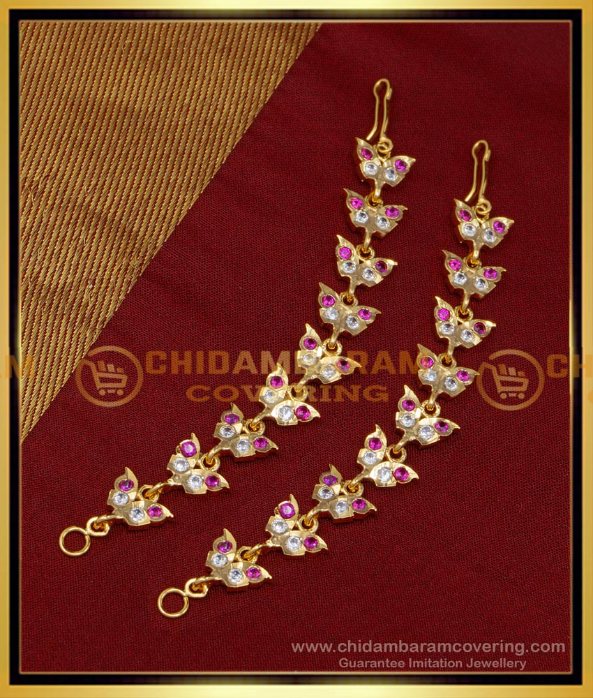MAT166 - Beautiful Leaf Design Impon Stone Mattal Gold Plated Ear Chain Online 