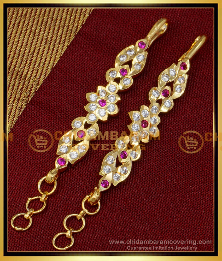 MAT168 - Attractive White and Ruby Stone Impon Straight Mattal One Gram Gold Ear Chain  