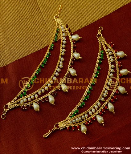 MAT25 - Bridal Wear Gold Ear Chain Design Pearl 3 Layer Matilu Collection Online