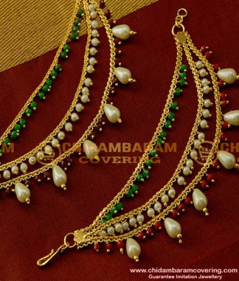 MAT25 - Bridal Wear Gold Ear Chain Design Pearl 3 Layer Matilu Collection Online