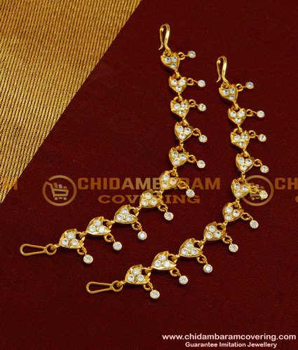 MAT76 - Attractive Gold Look Five Metal Full White Stone Impon Ear Chain Designs Online Shopping 