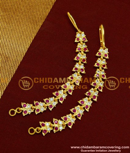 MAT77 - Impon Ad White and Ruby Stone Butterfly Design Mattal Stone Ear Chain Model Online