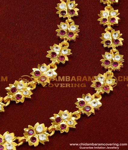 MAT94 - Five Metal Bridal Wear White and Ruby Stone Impon Traditional Gold Ear Chain Designs 