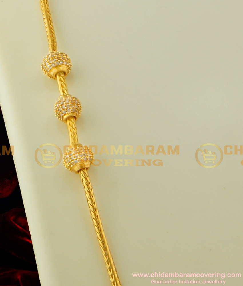 MCHN107 - Trendy CZ White Stone Balls Thaali Kodi Mugappu Chain Gold Covering Jewelry Online